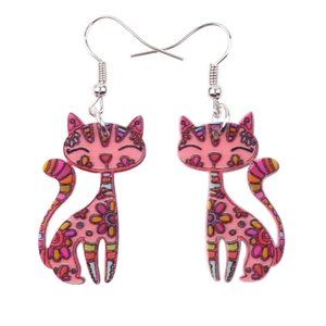 KITTY CAT Earrings  Acrylic Dangle Red Pink